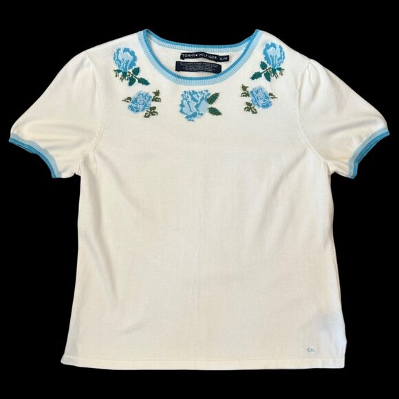 Vintage Tommy Hilfiger Embroidered Blue Roses Sweater Tee XL - Picture 1 of 6